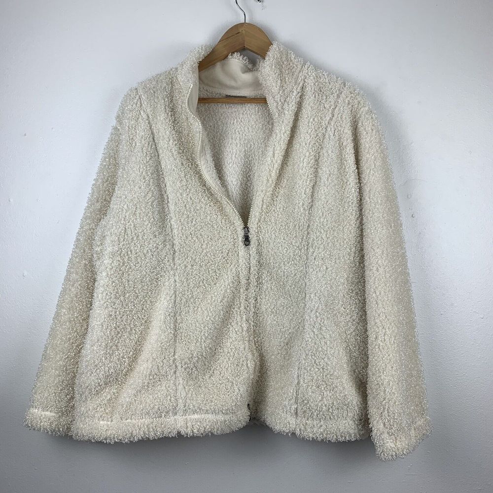 J Jill Jacket Womens 1X‎ Ivory Full Zip Up Fuzzy Teddy Bear Jacket